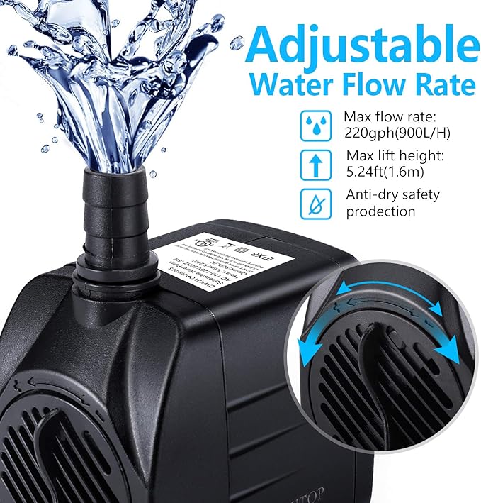 CWKJ Fountain Pump, 220GPH(15W 900L/H) Submersible Water Pump, Durable Outdoor Fountain Water Pump with 7.2ft（2.2m） Power Cord, 3 Nozzles for Aquarium, Pond, Fish Tank, Water Pump Hydroponics - Bloomnest