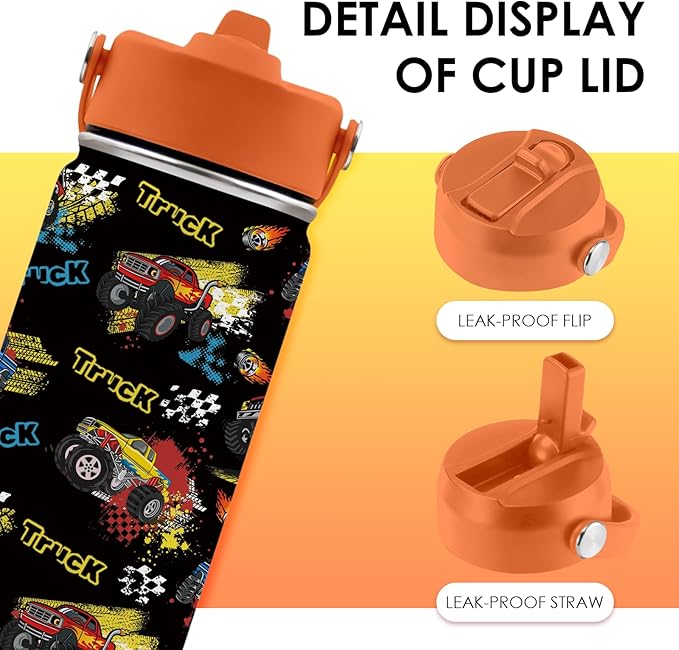 Truck Gifts for Kids - 16 Oz Kids Water Bottle with Straw Lid, Stainless Steel Insulated Tumbler, Leak Proof, BPA-Free, for Girls, School, Travel - Truck Lovers Children Birthday Gifts Cups(1pc) - Bloomnest