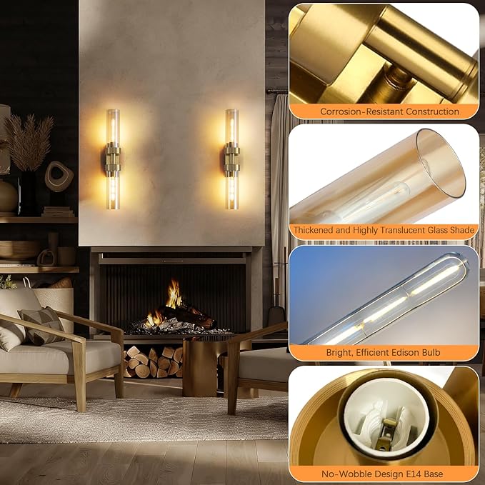 Rechargeable Wall Sconces Set of Two with Remote, Gold Battery Operated Wall Sconce with Amber Glass, Sconces Wall Decor Set of 2 Wall Light Fixtures for Bedroom Bathroom Mirror Living Room - Bloomnest