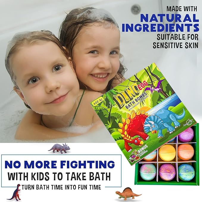 Bath Bombs for Kids with Surprise Toys Inside Plus Dinosaur Puzzle - Set of 9 Organic Dino Egg Bath Bombs with Rich Bubbles, Stocking Stuffers Christmas Gifts for Kids - Bloomnest