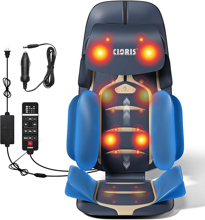 CLORIS Neck Back Massager with Heat, Automatic Adjustable Neckrest, 3D Shiatsu Compress & Rolling Massage Chair Pad for Full Body Relaxation, Home Office Chair Use, Gift for Family & Friends Blue&Gold - Bloomnest