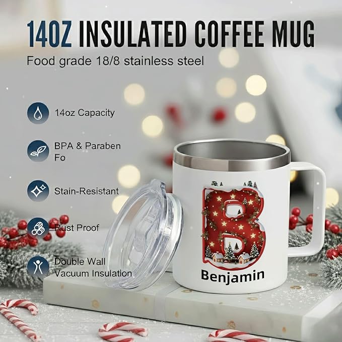 Personalized Christmas Mug | Custom Starry Night Village Initial Insulated Coffee Cup with Handle & Lid | 12oz Festive Red Holiday Tumbler, Unique Gift (B10) - Bloomnest