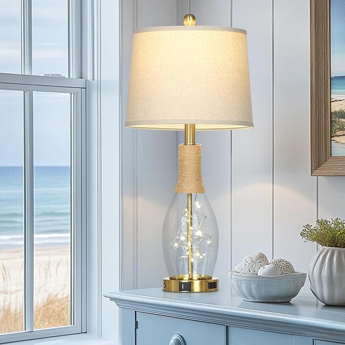 27.5" Coastal Glass Table Lamps Set of 2, Touch Control 3-Way Dimmable Modern Table Lamps with USB A+C Ports & AC Outlets, Farmhouse Rustic Boho Vintage Night Light for Living Room Bedroom Gold Ocean - Bloomnest