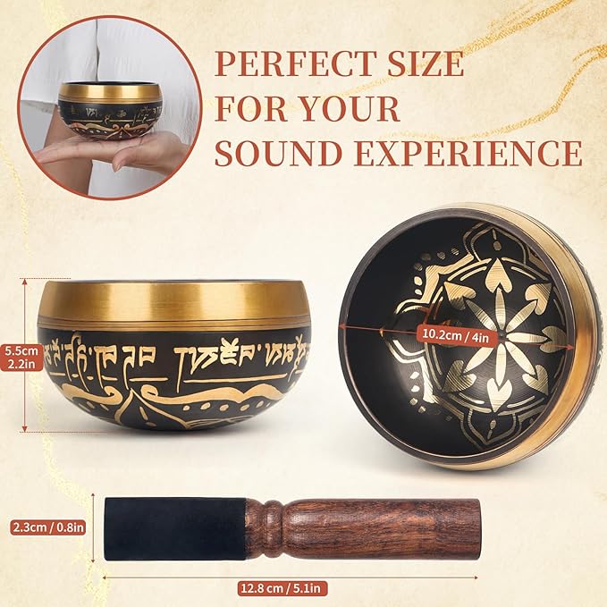 AKLOT HandMade Meditation Singing Bowl: Tibetan Sound Bowl Set with Pure Tone, Sound Bath Bowl with Cushion, Mallet, Spiritual Gift for Chakra Clearing, Mind Healing, Yoga, Prayer, Relaxation (4 Inch)
