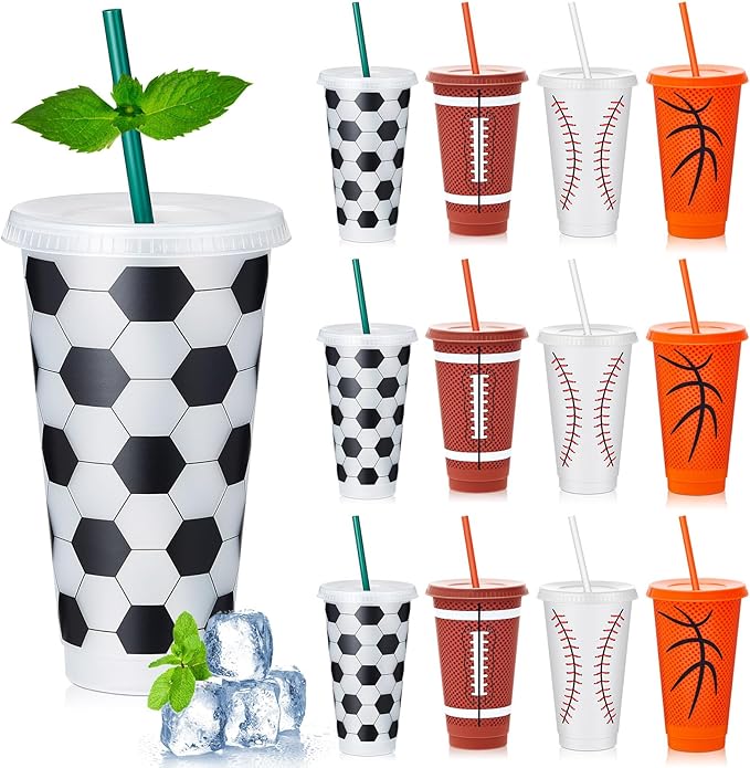 12 Pcs Sports Themed Party Decorations Cups 24 oz Plastic Tumbler with Lid and Straw Reusable Cups Gifts Sports Birthday Decorations for Coach Boyfriend Party Favors - Bloomnest