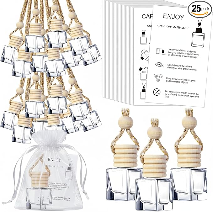 Boao 25 Sets Hanging Car Air Freshener Diffuser Bottles Empty Bulk with Car Diffuser Instruction Cards Organza Bags Glass Refillable Essential Oil Fragrance Aromatherapy Pendant (Flat Square,Clear) - Bloomnest