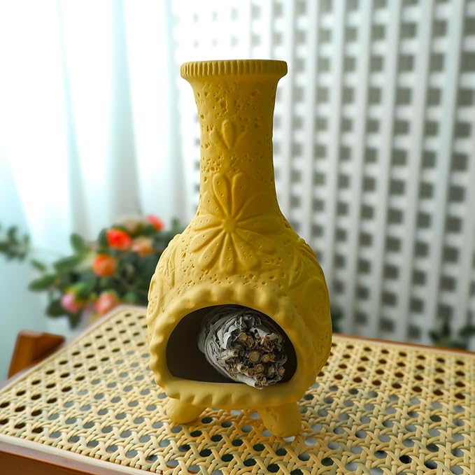 Yellow Floral Reliefs Palo Santo Burner Holder-Mexican Mini Chiminea Inspired,Chimney for Smudging Sage/Incense Cones/Sticks for Altar/Zen Rituals, Handmade Decor for Witchcraft Supplies - Bloomnest