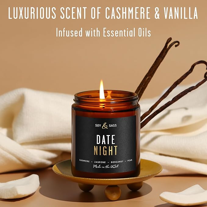 Date Night Candle I Scented Black Candles for Men or Women - French Cashmere & Vanilla Scent Soy Wax - Infused w/Essential Oils | Mens Candle I Long-Lasting 50Hr Burn, 9oz I Non Toxic I Made in USA - Bloomnest