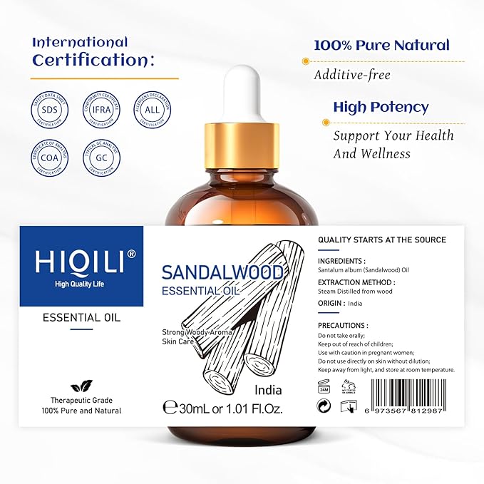 HIQILI Sandalwood Essential Oils 1 Fl Oz, 100% Pure Natural Therapeutic Grade for Skin, Diffuser, Perfume, Candle Soap Making, Includes Premium Quality Glass Dropper - Bloomnest