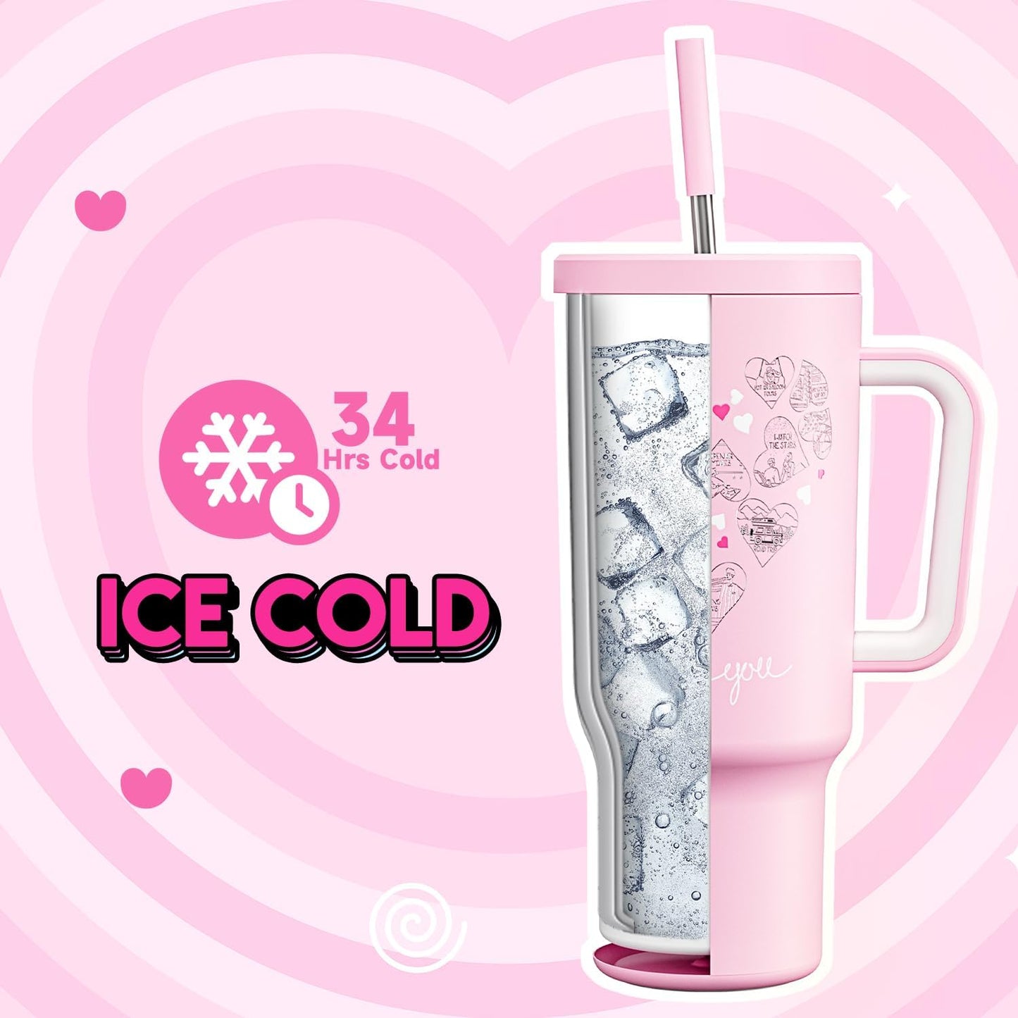 Meoky 40 oz Tumbler with Handle for Couples: Stainless Steel Insulated Tumbler with 24 Waterproof Love Stickers - Girlfriend Boyfriend Wife Husband, Love You