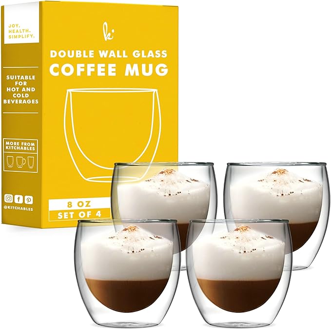 Kitchables Double Wall Glass Coffee Mugs Set of 4, 8oz - Insulated Clear Glass Coffee Mugs for Cappuccino, Latte, Tea, Espresso - Latte Cup - Tazas Para Cafe - Bloomnest