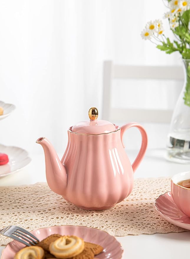 Amazingware Royal Teapot, Porcelain Tea Pot with Stainless Steel Infuser, with a Filter for Loose Tea, Pumpkin Fluted Shape - 28 oz, Pink - Bloomnest