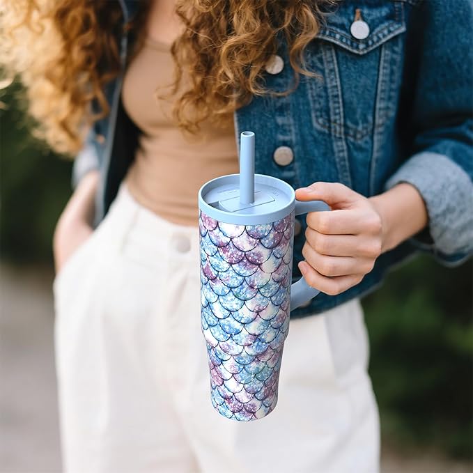 TILUCK 30 oz Tumbler with Handle, Vacuum Insulated Stainless Steel Travel Mug with 100% Leak-Proof Silicone Straw Lid, Cupholder Friendly Water Bottle(FishScales, 30oz)