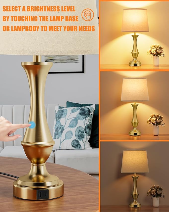 Seealle Upgraded Touch Lamps for Night Stands Set of 2 - Bedside Lamps with USB C+A, 3 Way Dimmable for Bedroom Living Room End Tables Office (Brown&Gold) - Bloomnest