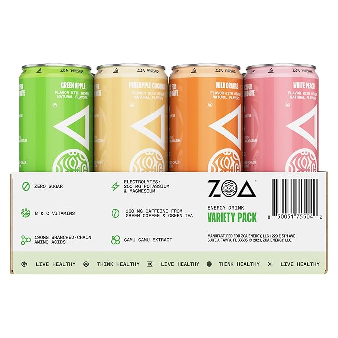 ZOA Zero Sugar Energy Drinks, Remix Variety Pack - Sugar Free with Electrolytes, Healthy Vitamin C, Amino Acids, Essential B-Vitamins, and Caffeine from Green Tea - 12 Fl Oz (Pack of 12) - Bloomnest