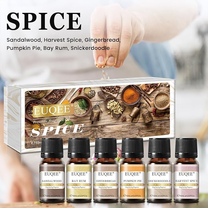 EUQEE 6PCS Spice Autumn Fragrance Oil Set, Scented Oils for Candle Making, Diffusers Aromatherapy Halloween Fragrance Oils for Diffuser & DIY Candles-Sandalwood, Harvest Spice, Bay Rum, Snickerdoodle EUQEE