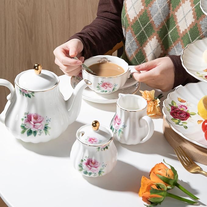 Porcelain Tea Sets British Royal Series, 8 OZ Cups & Saucer Service for 6, with Teapot Sugar Bowl Cream Pitcher Teaspoons and Tea Strainer, Suitable for High Tea, Wedding, Party(Blush Pink) - Bloomnest