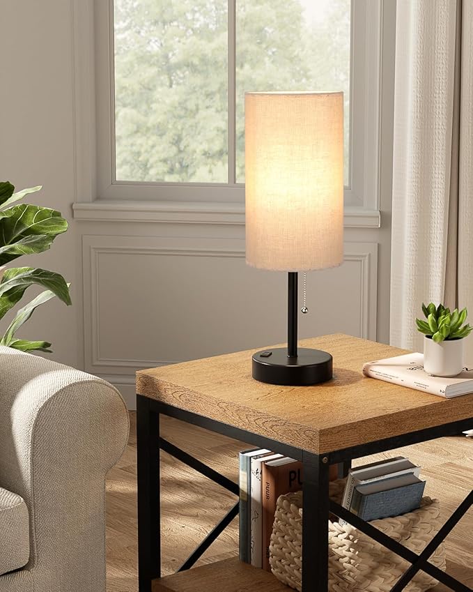 Fenmzee Plus Beige Bedside Table Lamps Set of 2-3 Color Temperatures Pull Chain Lamp with AC Outlet Charging Port, Two Round Night Stand Lamps for Bedroom Guest Room Office, Bed Side Light - Bloomnest