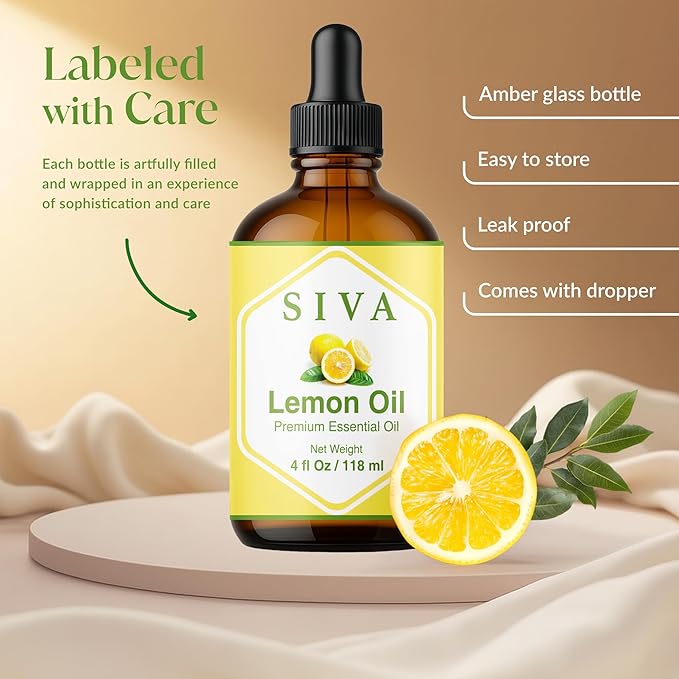 Siva Lemon Essential Oil - 4 Fl Oz – 100% Natural Lemon Oil - for Diffuser, Face, Skin Care, Aromatherapy, Hair Care, Scalp and Body Massage - with Dropper - Bloomnest
