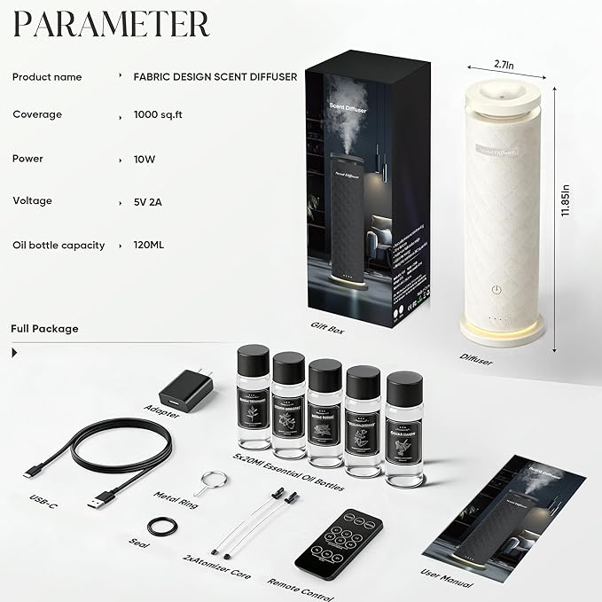 Waterless Scent Diffuser Starter Kit with 5 Oils, Luxury Hotel Style Cold Air Diffuser Oil Machine for Home, 1000 Sq Ft Coverage, Quiet Nebulizing Aromatherapy with Remote, Tower Fabric Design, Cream - Bloomnest