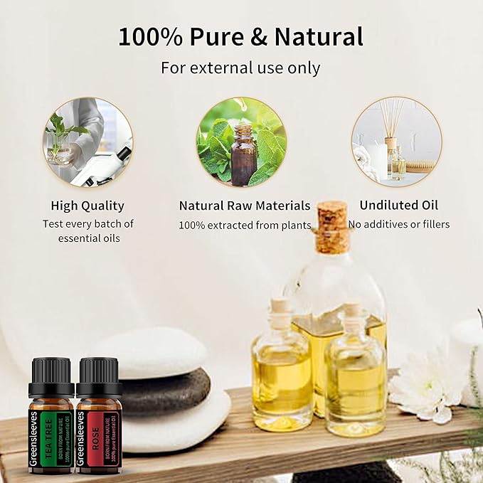 GREENSLEEVES Rose and Tea Tree Essential Oil Set, 2 x 10ml Pure Plant-Based Fragrance Oil for Aromatherapy, Essential Oils for Diffuser, Massage, Bath Bomb, Scented Candle Soap Making GREENSLEEVES