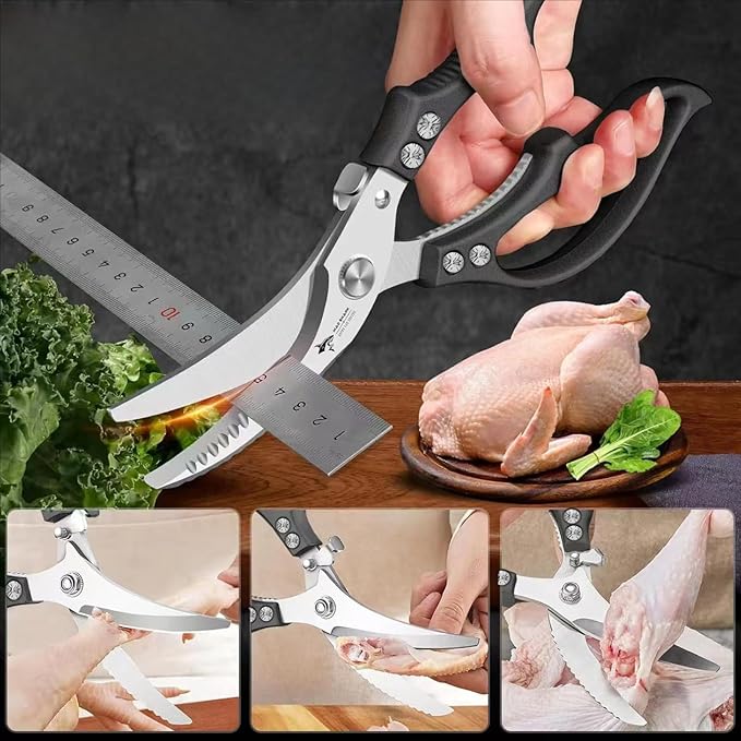 Kitchen Scissors Stainless Steel Shear, Safety Lock, Sharp Heavy Duty Poultry Shears for Food, Chicken Bones, Turkey, Dishwasher Safe, 9.33 Inch, Black - Bloomnest