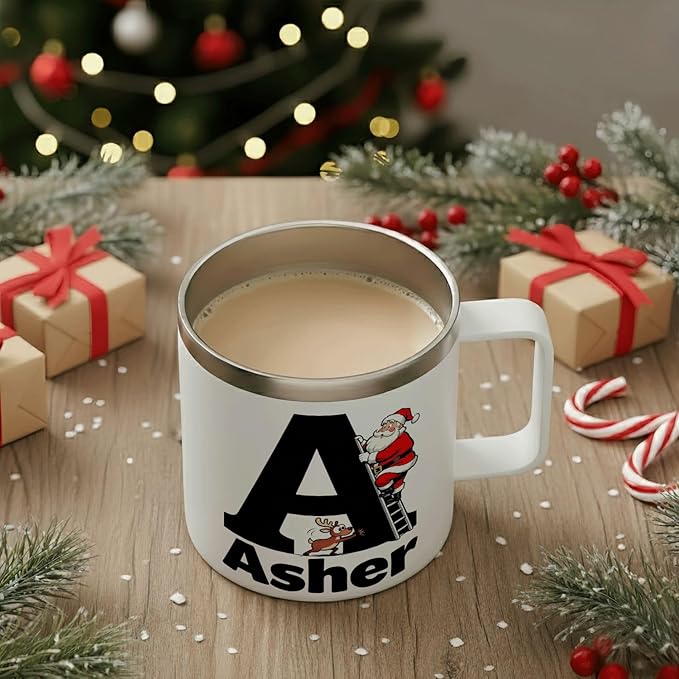 JugJug Personalized Christmas Mug with Initial & Name - Funny Santa Climbing Ladder 12oz Insulated Coffee Cup with Lid - Xmas Gifts for Kids, Boys (B158) - Bloomnest