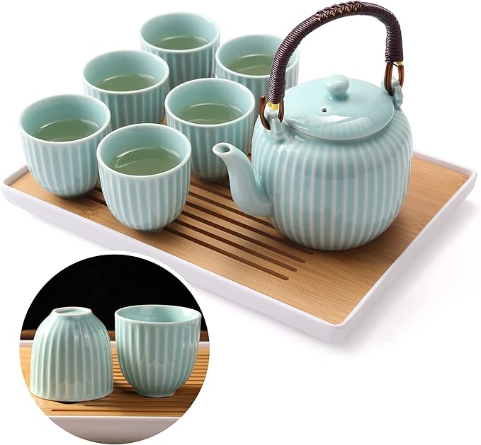 Dujust Japanese Tea Set, Cyan-blue Porcelain Tea Set with 1 Teapot Set, 6 Tea Cups, 1 Tea Tray, 1 Stainless Infuser, Asian Tea Sets for Adults/Tea Lover/Women/Men (Bamboo - Straight Grain Design) - Bloomnest