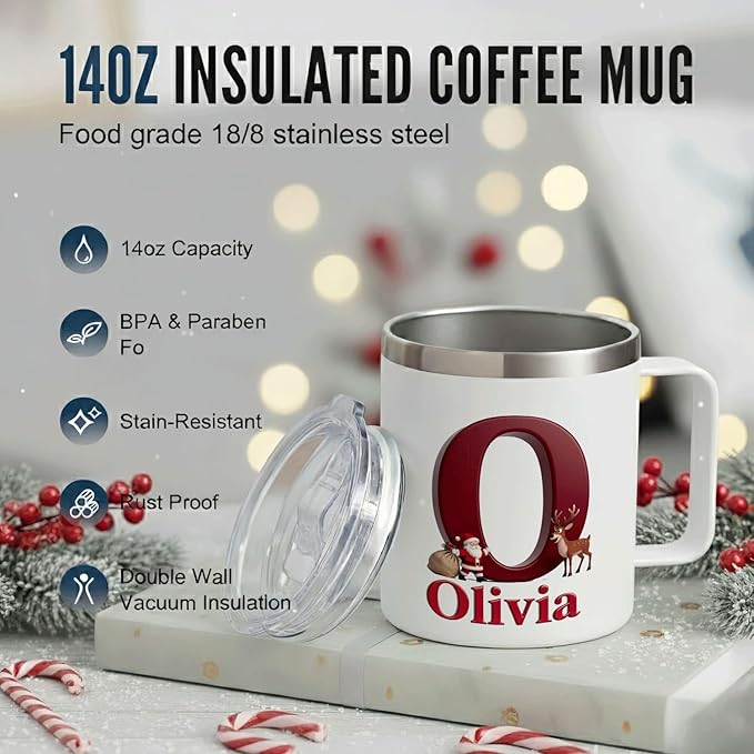 Personalized Christmas Insulated Coffee Mug with Handle – Custom Initial Letter [W] & Name [William] – [Your Brand Name] Double Wall Stainless Steel Travel Tumbler for Hot & Cold Drinks (B110) - Bloomnest