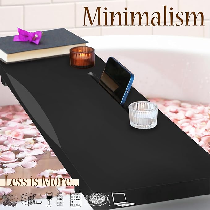 Stylish Black Bamboo Bathtub Tray Caddy with Adjustable Legs, Minimalistic Design Bath Tray for Tub, Bathtub Accessories, Fit Standard and Against Wall Bath Tubs, Gift Idea for Women - Bloomnest