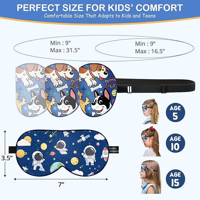 Kids Silk Sleep Mask: 100% Mulberry Silk Eye Mask with Adjustable Strap, Cute Sleeping Blindfold for Boys Girls Teens, Soft & Lightweight Eye Shade for Travel, Nap, Bedtime (Space Style) - Bloomnest