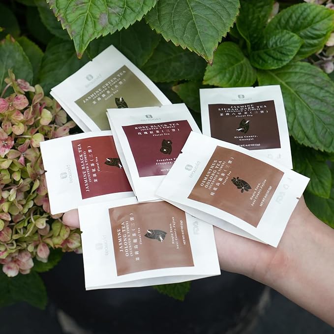 iTeaworld Chinese Flower Tea Sampler - 6 Flavor Mixed Pack (Jasmine Black/Green/Tieguanyin/Liu Bao Tea, Osmanthus Tieguanyin, Rose Black Tea), Assorted Tea, 20 Individual Small Packages, 3.53oz - Bloomnest