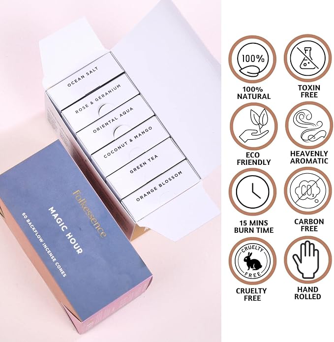 Folkulture Backflow Incense Cones (60 Cones) | Set of 6 Waterfall Insence Cones for Aromatherapy, Relaxation | No Charcoal, Organic, Non Toxic Coconut & Mango, Ocean Salt Scented Inscents-Cones