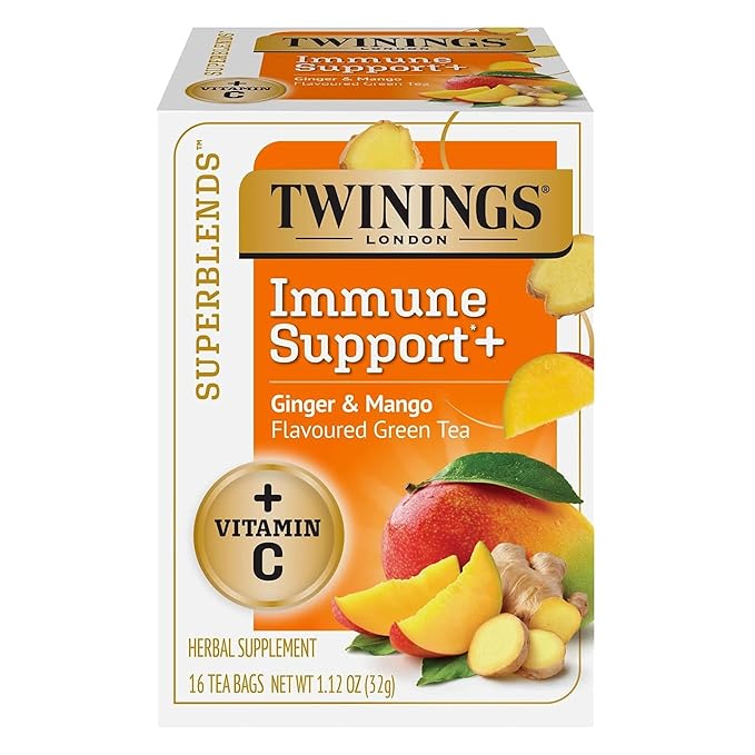 Twinings Superblends Immune Support+ Herbal Tea with Vitamin C, Ginger & Mango Flavoured Green Tea, 16 Tea Bags (Pack of 1), Enjoy Hot or Iced - Bloomnest