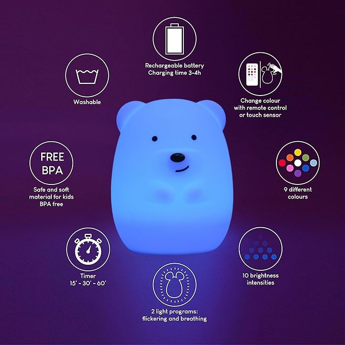 Night Lights Bear Light for Children's Room Portable Night Light for Kids Animal Lights for Girls and Boys Lamps for Bedroom Adjustable Brightness & Color Time Setting Gift - Medium - Bloomnest