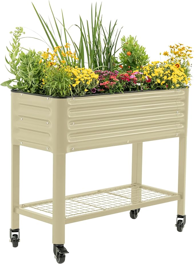 Rolling Elevated Raised Garden Bed - Slim Series, 1.5' x 3.5' Outdoor Planters Boxes with Legs & Storage Rack for Patio, 500 Lbs Weight Capacity, Raised Beds for Gardening Herbs Flowers, Pearl White - Bloomnest