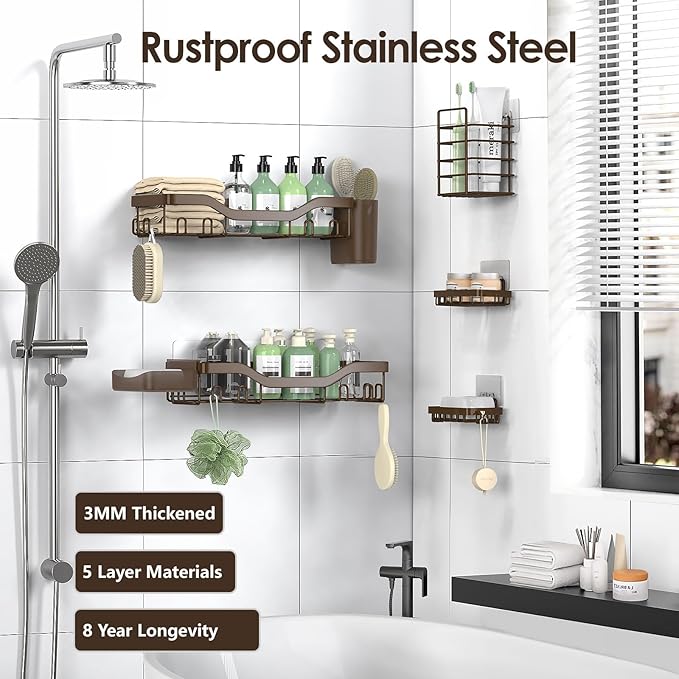 Shower Caddy Adhesive Shower Organizer 7-Pack, Rustproof Stainless Steel Bathroom Shelves, Large Capacity No-Drill Rack Storage Accessories with Soap Dish Toothbrush Holder Hooks - Bloomnest