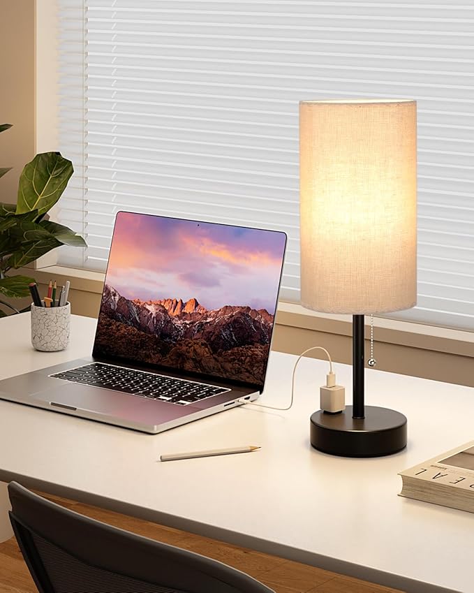 Fenmzee Plus Beige Bedside Table Lamps Set of 2-3 Color Temperatures Pull Chain Lamp with AC Outlet Charging Port, Two Round Night Stand Lamps for Bedroom Guest Room Office, Bed Side Light - Bloomnest
