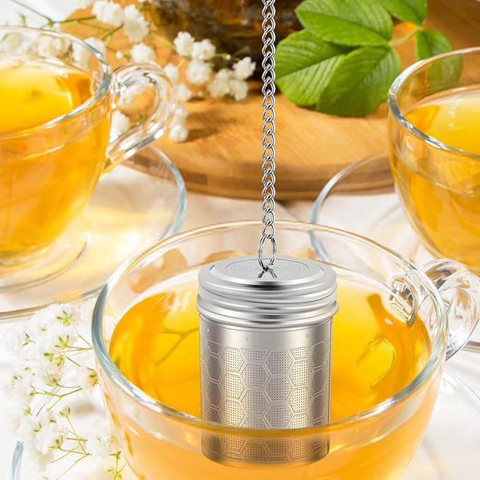 4PCS Tea Infuser Strainers with Drip Tray 304 Stainless Steel Tea Filter Strainer with Chain Hook Fine Mesh Tea Infuser Steeper Reusable Tea Strainers Easy to Use for Loose Tea Mulling Spices