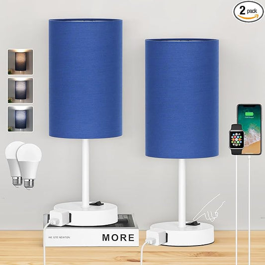 ZJOJO Table Lamp for Bedroom Set of 2, Bedside Small Lamps with 3 Way Dimmable Rocker Switch and AC Outlet, Nightstand Desk Lamp with Blue Fabric Shade White Base for Living Room Home Decor Lights - Bloomnest