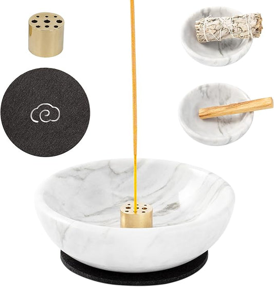 4 in 1 Incense Burner, Marble Palo Santo Holder, Smudge Bowl for White Sage, Sage Holder Incense Cone Holder 4.7 inches Ash Catcher Tray for Meditation - Bloomnest