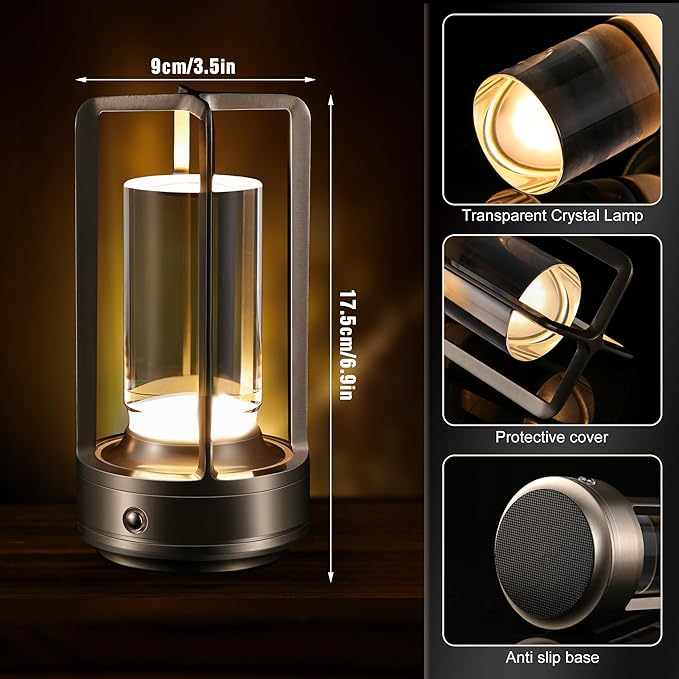 Portable Metal Table Lamp,Cordless Table Lamp, Rechargeable Battery Operated Lights, LED Table Lamps, 3 Color Stepless Dimming Touch, for Bedroom Restaurant Home Outdoor (Sliver) - Bloomnest