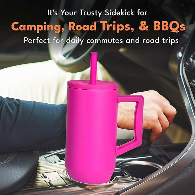 Elemental 40 oz Tumbler with Handle and Straw - Spill Proof Insulated Stainless Steel Commuter for Hot and Cold Beverages - Travel Coffee Mug with 2 Straws & Spill Proof Lid - 40oz - Hot Pink - Bloomnest