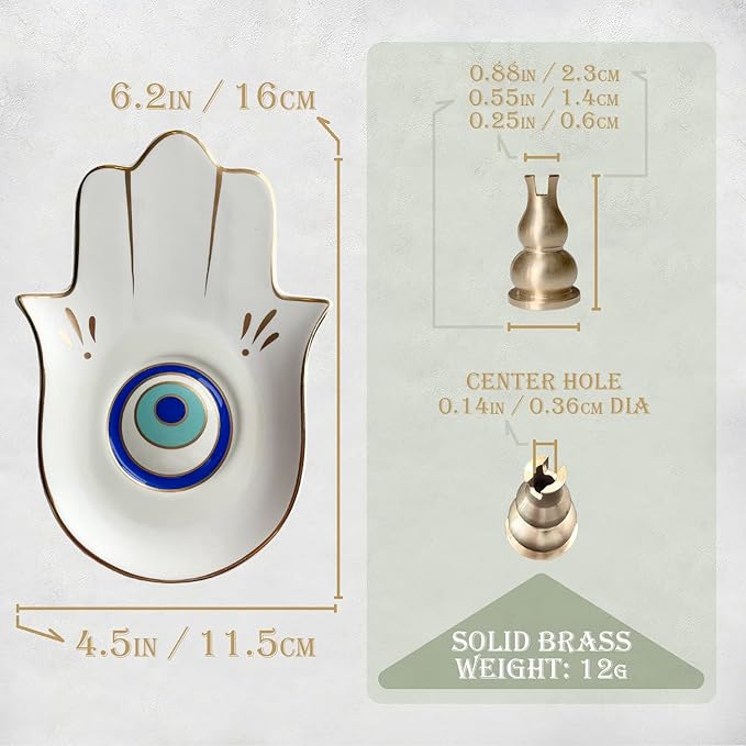 Ceramic Hamsa Hand Incense Holder - 2 in 1 Brass Incense Holder for Sticks and Coil Incense- Zen Decor with Hand of Fatima Design Protection from Evil - 6.2" L X 4.5" W (WhiteEye) - Bloomnest
