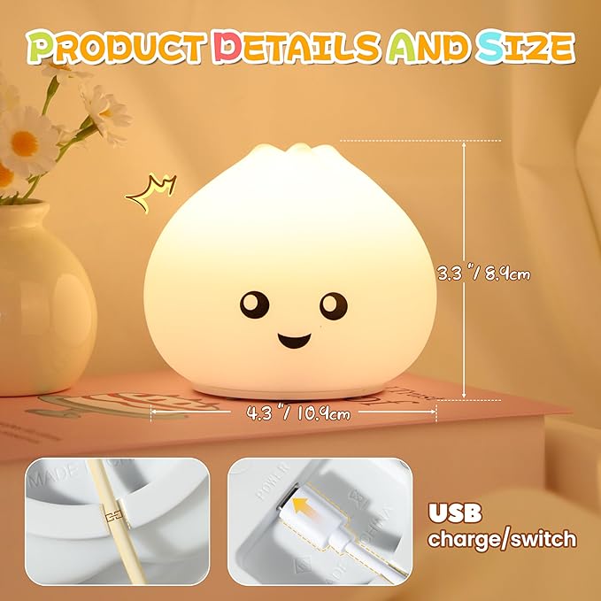 Night Light for Kids, Rechargeable Dimmable Silicone LED Nightlight with 7 Colors, Baby Nursery Night Lamp, Touch Squishy Lamp, Cute Gifts for Girls, Boys, Toddler Room Decor, Dumpling - Bloomnest
