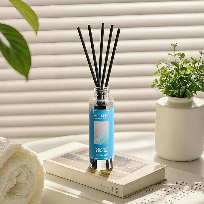 Airkeep Reed Diffuser Set,1.69 fl oz (100 ml) - Ocean Mist&Sea Salt Oil Diffusers with 8 Reed Sticks,Home Fragrance Reed Diffuser for Bathroom Shelf Decor - Bloomnest
