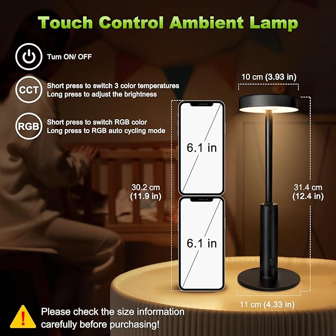 Small Cordless Table Lamps Rechargeable,5000mAh Battery Operated Portable Desk Lamp,3 Colors & RGB Stepless Dimmable Wireless Touch Lamps for Restaurant Home Dinner Dining Patio(Black) - Bloomnest