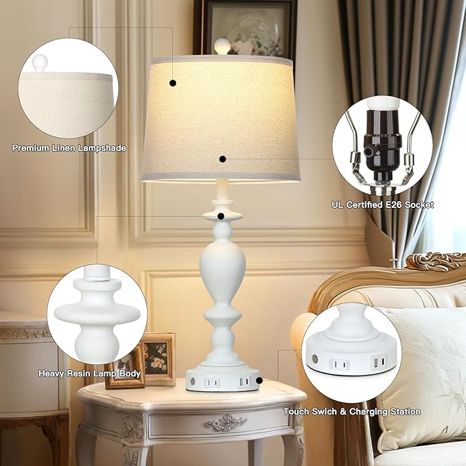 28" White Farmhouse Table Lamps Set of 2 with USB C+A Ports & AC Outlet for Vintage Living Room Rustic Bedroom,3-Way Dimmable Touch Lamp Retro Resin Bedside Lamps for Nightstand Side Table - Bloomnest