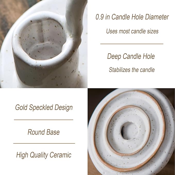 Candle Holder, Ceramic Candle Holder, Christamas Candlestick Holder, for Taper Candles, Vintage Home Decor - White Taper Holder with Handle and Spots - Rustic Style - Bloomnest