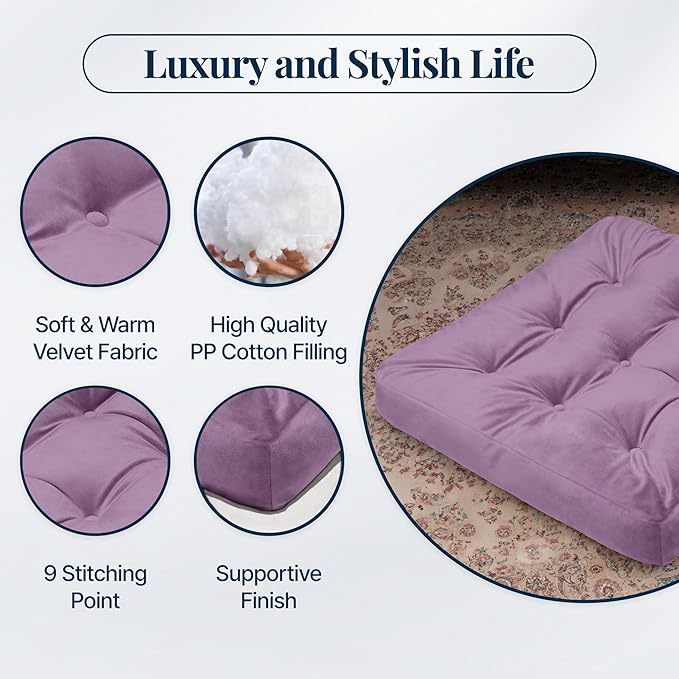 Velvet Floor Pillow,Square Large Pillows Seating for Adults, Tufted Cushions for Meditation Yoga Tatami Living Room Chair Booster Machine-Washable & Dryer-Safe, Lavender, 22x22 Inch - Bloomnest